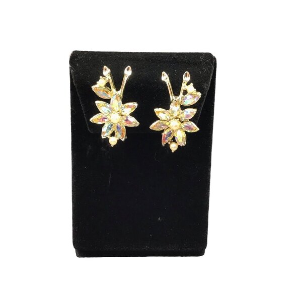 Rhinestone Climber Earrings Clip On Aurora Borealis Colorful Flowers with Pearls - Picture 1 of 6
